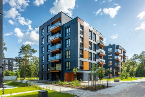 Apartment in residential building exterior. Housing structure at blue modern house of Europe. Rental home in city district on summer. Architecture for business property investment, Vilnius, Lithuania.