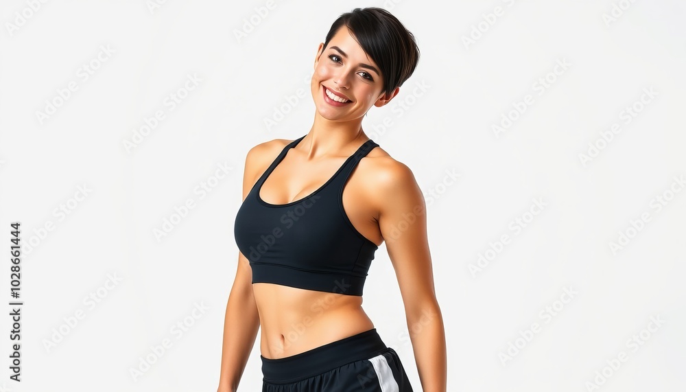 Obraz premium A young woman smiles confidently while demonstrating fitness attire for workouts