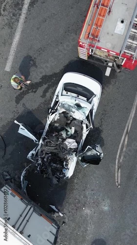 The truck and the car collided on the highway. Strong accident. Traffic accidents on the road. View from above. Traffic jam on the road. 