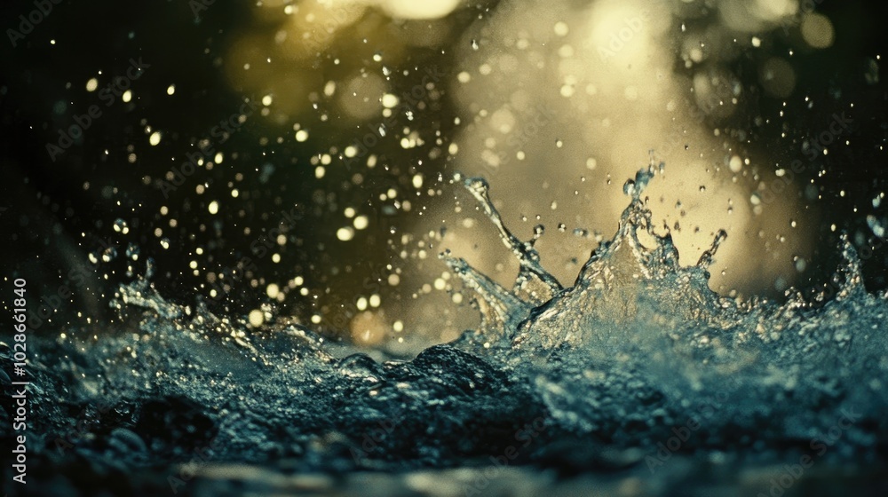 A close-up view of water droplets splashing at the base of a waterfall, capturing the energy of the flowing water. A close-up view of water droplets splashing at the base of a waterfall, capturing the energy of the flowing water.