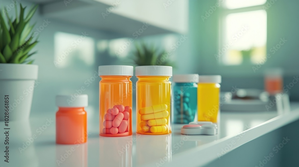 A collection of colorful pill bottles placed on a sterile white counter. A collection of colorful pill bottles placed on a sterile white counter.