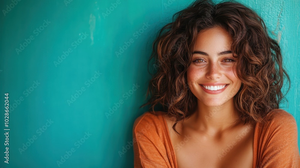 A happy woman with curly hair in an orange top smiles at a turquoise wall, creating a contrast of warm and cool colors and exuding positivity and warmth. A happy woman with curly hair in an orange top smiles at a turquoise wall, creating a contrast of warm and cool colors and exuding positivity and warmth.