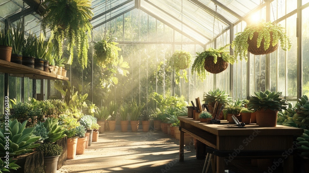 A tranquil greenhouse interior with rows of potted succulents A tranquil greenhouse interior with rows of potted succulents