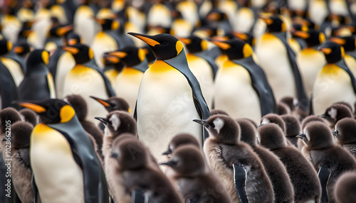 Adult King Penguin (Aptenodytes patagonicus) standing amongst a large group of nearly fully grown chicks at Volunteer Point in the Falkland Islands.