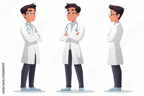 A cartoon smart character dressed as a doctor stand with arms crossed, showcasing a friendly medical professional theme
