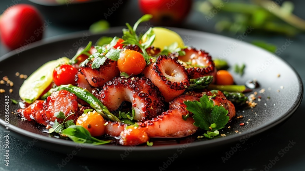 A delectable dish of octopus garnished with colorful vegetables and fresh herbs, beautifully arranged on a plate, showcasing a vibrant culinary experience. A delectable dish of octopus garnished with colorful vegetables and fresh herbs, beautifully arranged on a plate, showcasing a vibrant culinary experience.