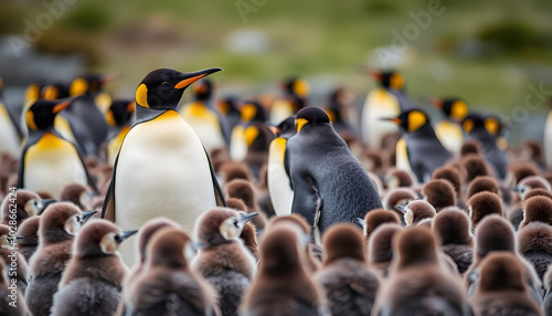 Adult King Penguin (Aptenodytes patagonicus) standing amongst a large group of nearly fully grown chicks at Volunteer Point in the Falkland Islands.