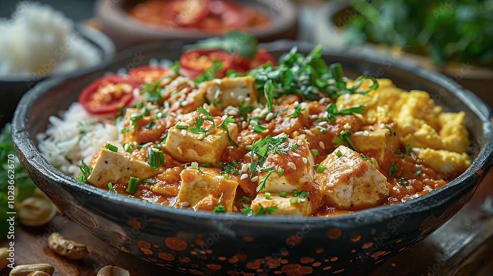 A close-up of a bowl of tofu curry with rice, herbs, and spices. A close-up of a bowl of tofu curry with rice, herbs, and spices.