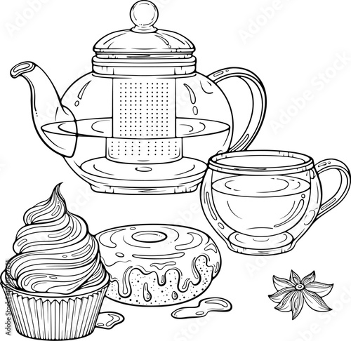 Glass teapot and cup of tea with sweets. Design element for cozy autumn, tea party with cupcake and donut. Vector illustrations in hand drawn sketch style isolated on white. Black outline graphic