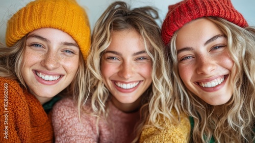 A cheerful group of three young women wearing colorful knit sweaters and hats, radiating happiness and camaraderie in a vibrant, fun atmosphere.