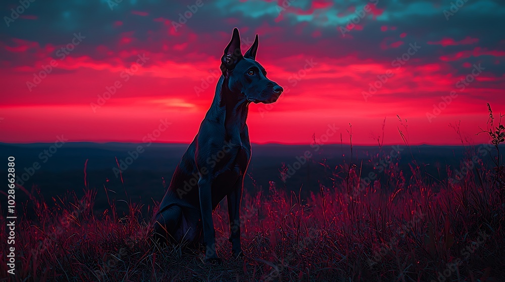 A dog silhouetted against a vibrant sunset sky. A dog silhouetted against a vibrant sunset sky.