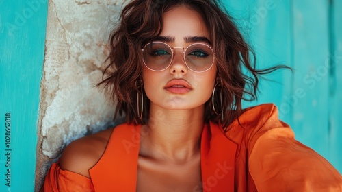 A chic woman in stylish eyewear leans against a texturally rich wall, her expression and fashion sense capturing a moment of modern elegance and sophisticated style. photo