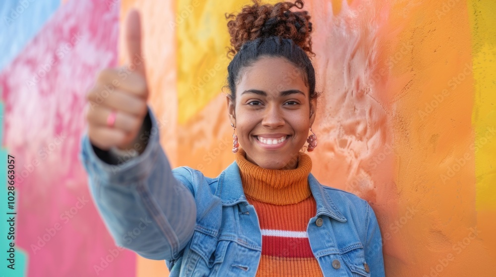 Smiling woman giving thumbs up in front of colorful graffiti wall Smiling woman giving thumbs up in front of colorful graffiti wall