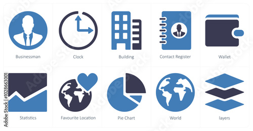 A set of 10 ui icons as businessman, clock, building photo