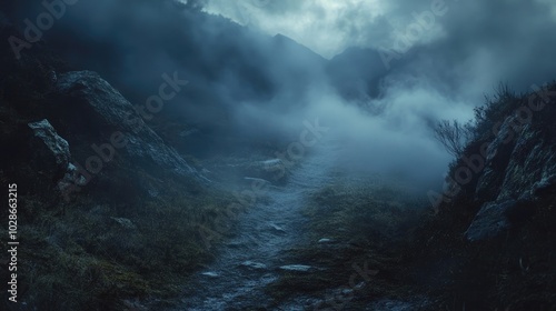 A dense fog rolling over a mountain trail, creating a mystical atmosphere.