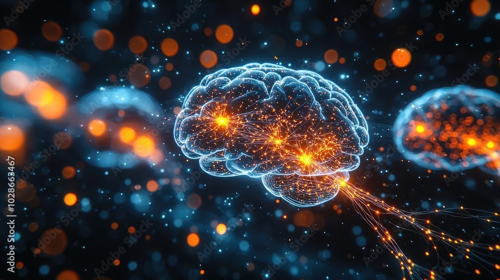 Abstract representation of brain activity with glowing neural connections. Abstract representation of brain activity with glowing neural connections.