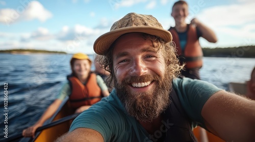 A cheerful family enjoys a serene evening paddling on a calm lake, surrounded by nature, highlighting family bonds, adventure, and outdoor exploration. photo