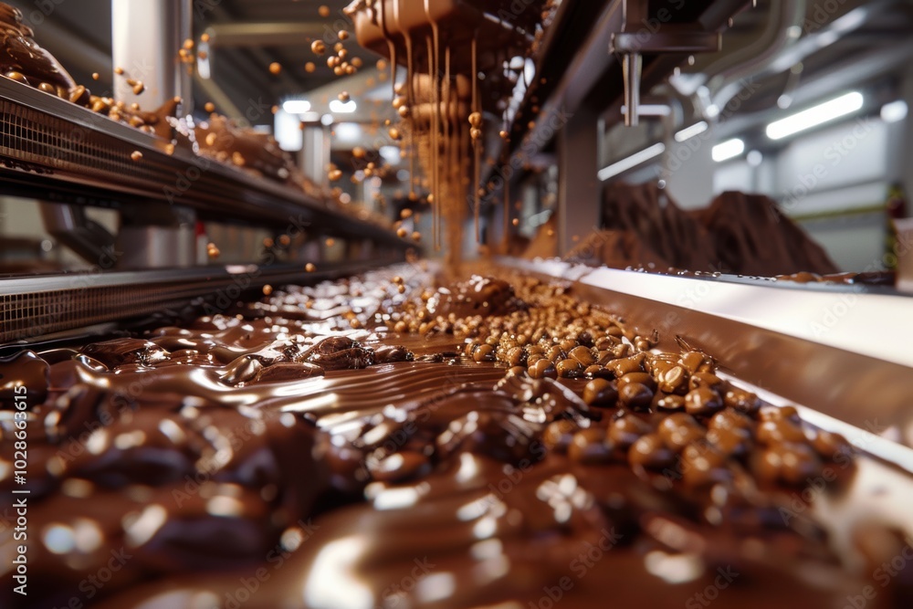 chocolate factory with gears, cogs, and molten chocolate flowing chocolate factory with gears, cogs, and molten chocolate flowing