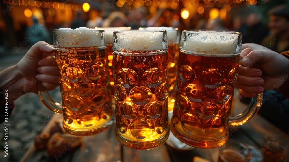 Celebrating with friends over golden ales in a cozy beer garden during a lively evening gathering. Generative AI Celebrating with friends over golden ales in a cozy beer garden during a lively evening gathering. Generative AI