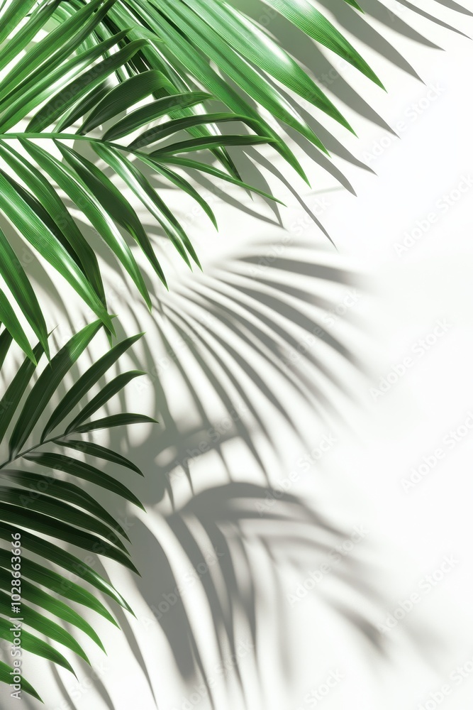 Tranquil green palm leaves cast elegant shadows on a clean white background, perfect for nature and interior design themes. Tranquil green palm leaves cast elegant shadows on a clean white background, perfect for nature and interior design themes.