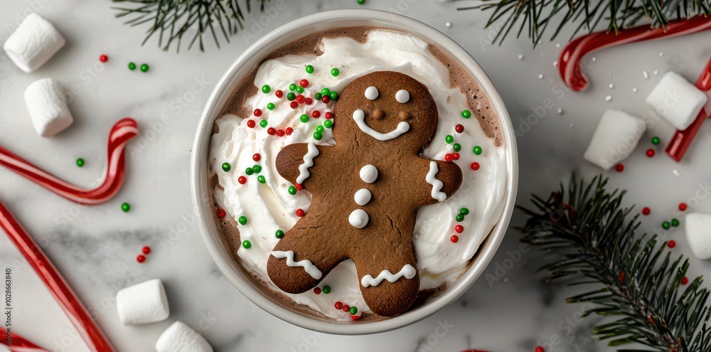 Delightful gingerbread man floating in rich, creamy hot chocolate, a festive treat for the holiday season. Delightful gingerbread man floating in rich, creamy hot chocolate, a festive treat for the holiday season.