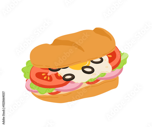 Sandwiches with Various Ingredients. Vector cartoon illustration of sub, sandwich, bagel, toast and burger with meat, cheese and vegetables.