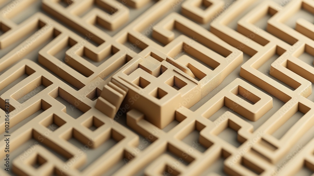 Close-up of a three-dimensional beige maze with geometric patterns and raised pathways, focusing on the complex structure and intricate design. Close-up of a three-dimensional beige maze with geometric patterns and raised pathways, focusing on the complex structure and intricate design.
