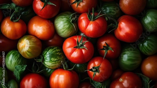 A vibrant image showcasing an assortment of ripe tomatoes in various colors and shapes, highlighting their freshness and natural appeal, perfect for healthy living. photo