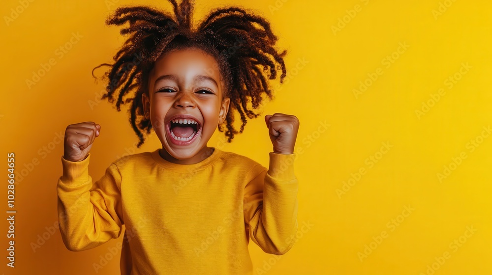 An exuberant child beams with joy and excitement against a bold yellow background, capturing the essence of happiness and youthful energy in a vibrant setting.