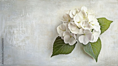 A lone hydrangea blossom on a soft white background
