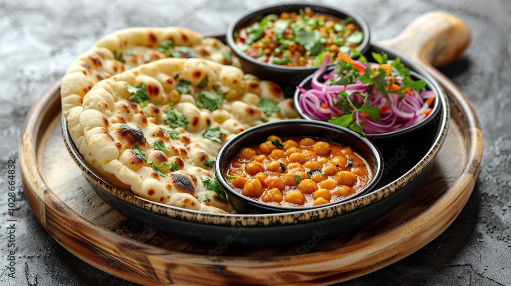 A wooden platter with two flatbreads, a bowl of chickpea curry, a bowl of lentil salad, and a bowl of onion salad. A wooden platter with two flatbreads, a bowl of chickpea curry, a bowl of lentil salad, and a bowl of onion salad.