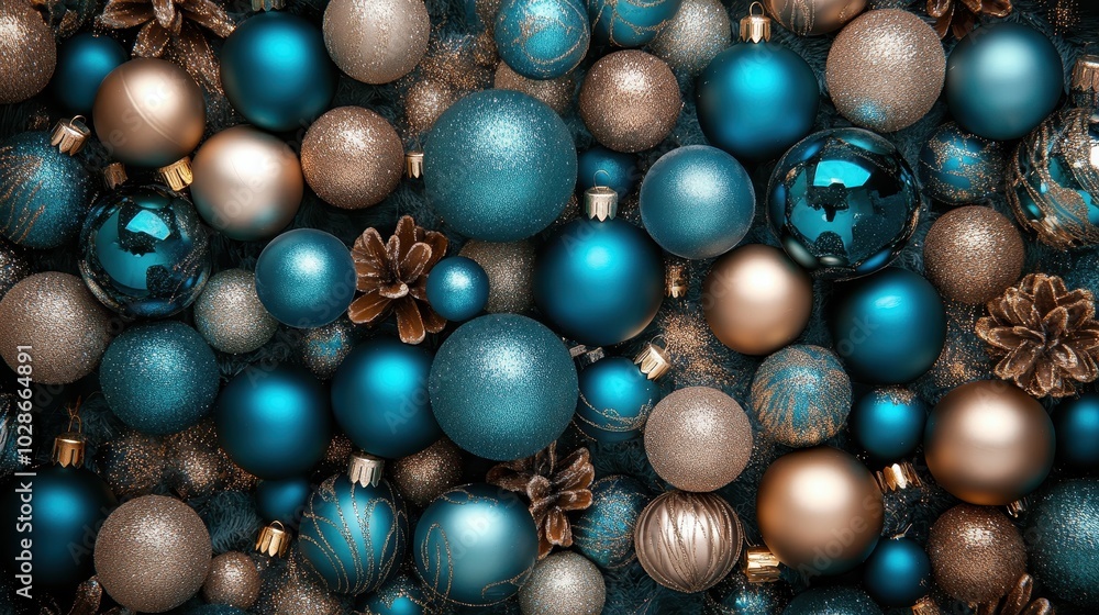 A vibrant collection of teal and gold Christmas ornaments are beautifully arranged, evoking the elegant and celebratory atmosphere of the holiday season decor. A vibrant collection of teal and gold Christmas ornaments are beautifully arranged, evoking the elegant and celebratory atmosphere of the holiday season decor.