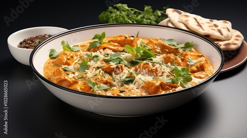 A bowl of creamy chicken tikka masala with rice and naan bread.