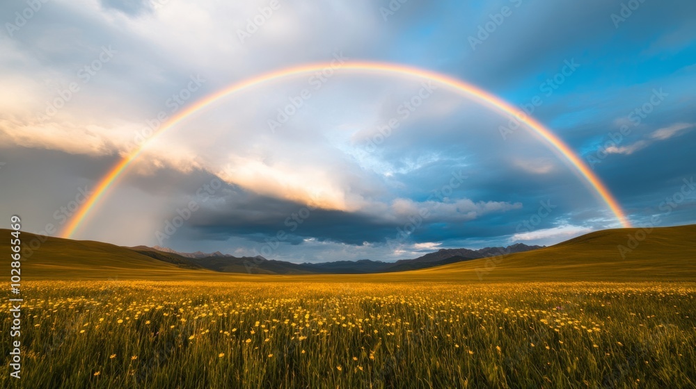 A vibrant rainbow stretching across the sky over a field of wildflowers, symbolizing the harmony and renewal of nature during the Spring Equinox A vibrant rainbow stretching across the sky over a field of wildflowers, symbolizing the harmony and renewal of nature during the Spring Equinox