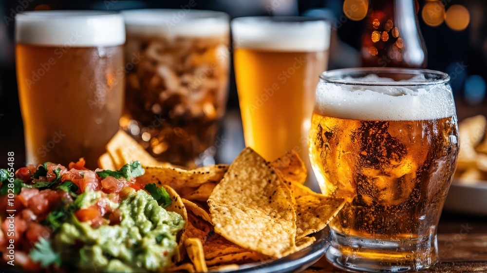 An assortment of beers is served alongside a tasty dish of nachos topped with pico de gallo and guacamole, showcasing a friendly and inviting setting. An assortment of beers is served alongside a tasty dish of nachos topped with pico de gallo and guacamole, showcasing a friendly and inviting setting.