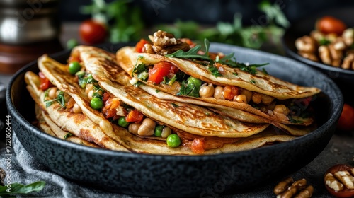 A delectable assortment of savory crepes, generously stuffed with chickpeas, tomatoes, peas, and walnuts, creating a vibrant, nutritious meal in a dark ceramic bowl.