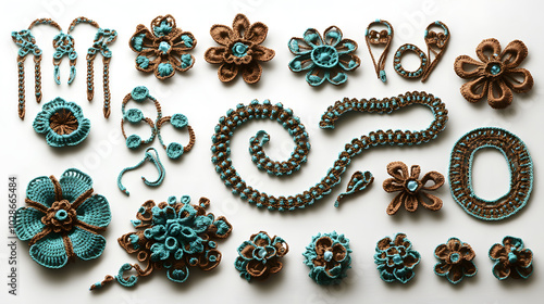 Charming Arrangement of Exquisite Irish Crochet Jewelry Pieces Featuring Intricate Vine Patterns in Vivid Colors