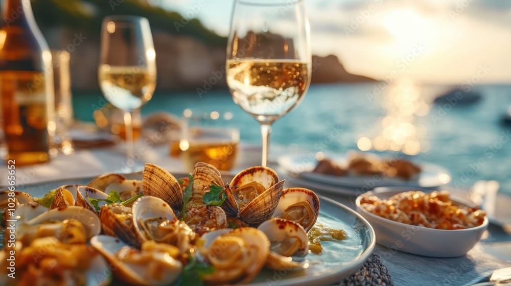 A stunning seascape at sunset with a dining table full of clams and glasses of wine, illustrating the perfect coastal dining experience with breathtaking views. A stunning seascape at sunset with a dining table full of clams and glasses of wine, illustrating the perfect coastal dining experience with breathtaking views.