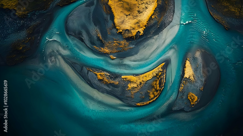 Aerial view of vibrant river patterns and land formations.