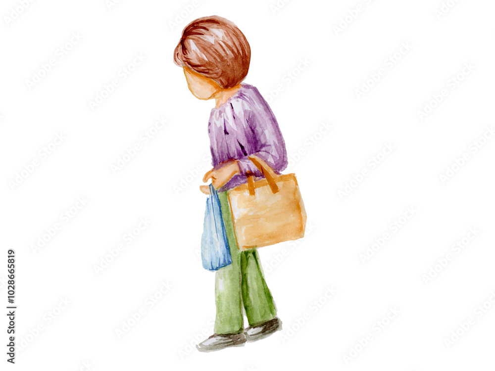 歩く女性　手描き水彩画