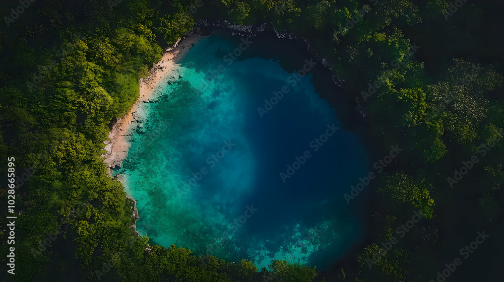 Aerial view of a serene blue lagoon surrounded by lush greenery. Aerial view of a serene blue lagoon surrounded by lush greenery.