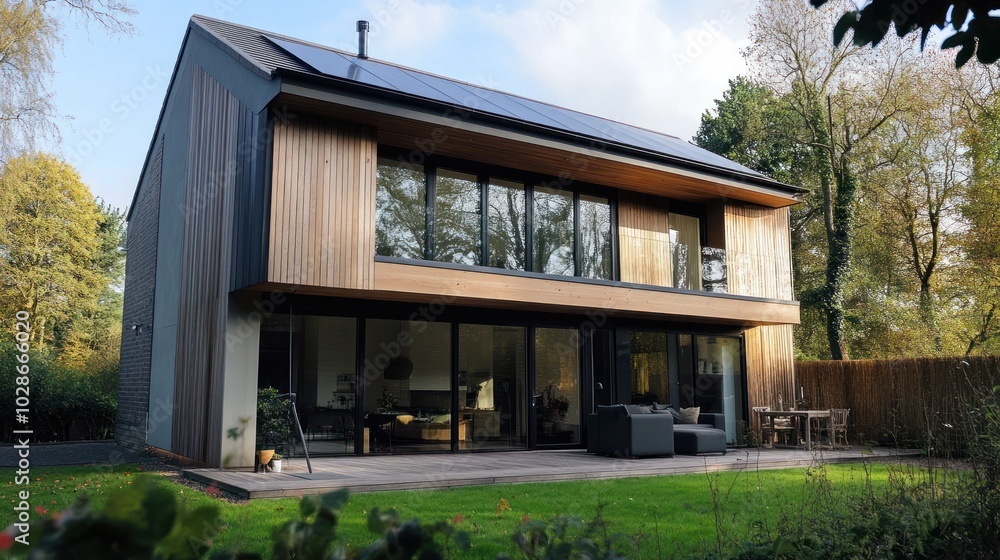 Minimalist zero-carbon living shown through a modern home with eco-friendly architecture and renewable energy use Minimalist zero-carbon living shown through a modern home with eco-friendly architecture and renewable energy use