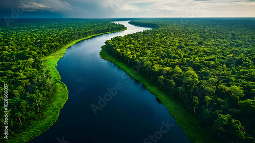 Aerial view of a winding river surrounded by lush green rainforest.