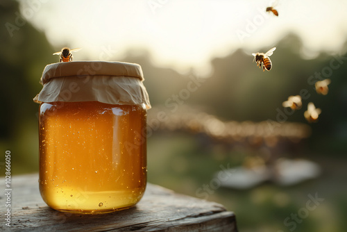 A jar of honey sitting on a rustic table, with bees buzzing around in the background