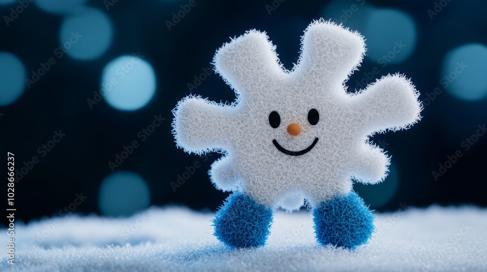 Fototapeta premium Cute snowflake character with a playful expression, delicate icy limbs, and glowing blue and white accents, floating through a magical winter sky 