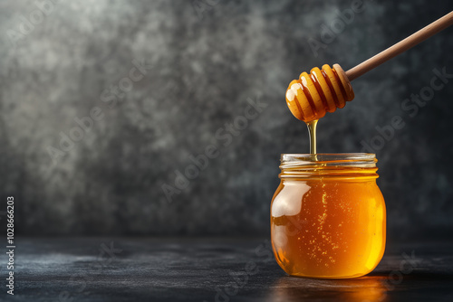 A rustic jar of honey with a wooden dipper resting on top, golden honey flowing down the dipper