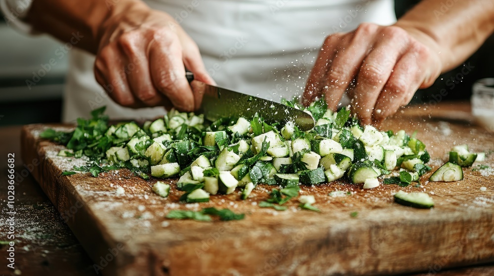A chef's hands are captured as they chop green zucchini into precise pieces on a rustic wooden board in a lively kitchen setting, highlighting culinary expertise. A chef's hands are captured as they chop green zucchini into precise pieces on a rustic wooden board in a lively kitchen setting, highlighting culinary expertise.