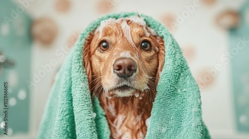 A wet dog with a bubbly face is covered in a green towel, peering out with a curious expression, surrounded by a pastel-colored bathroom atmosphere. photo