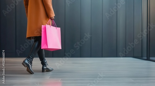 A stylish individual clad in a brown coat and sleek black boots walks briskly, holding a bright pink shopping bag, capturing a moment of urban fashion indulgence. photo