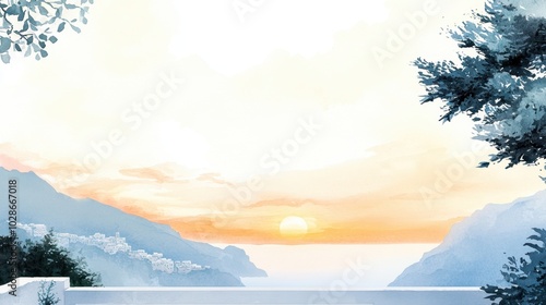 Serene Coastal Sunrise with Lush Foliage and Calm Waters